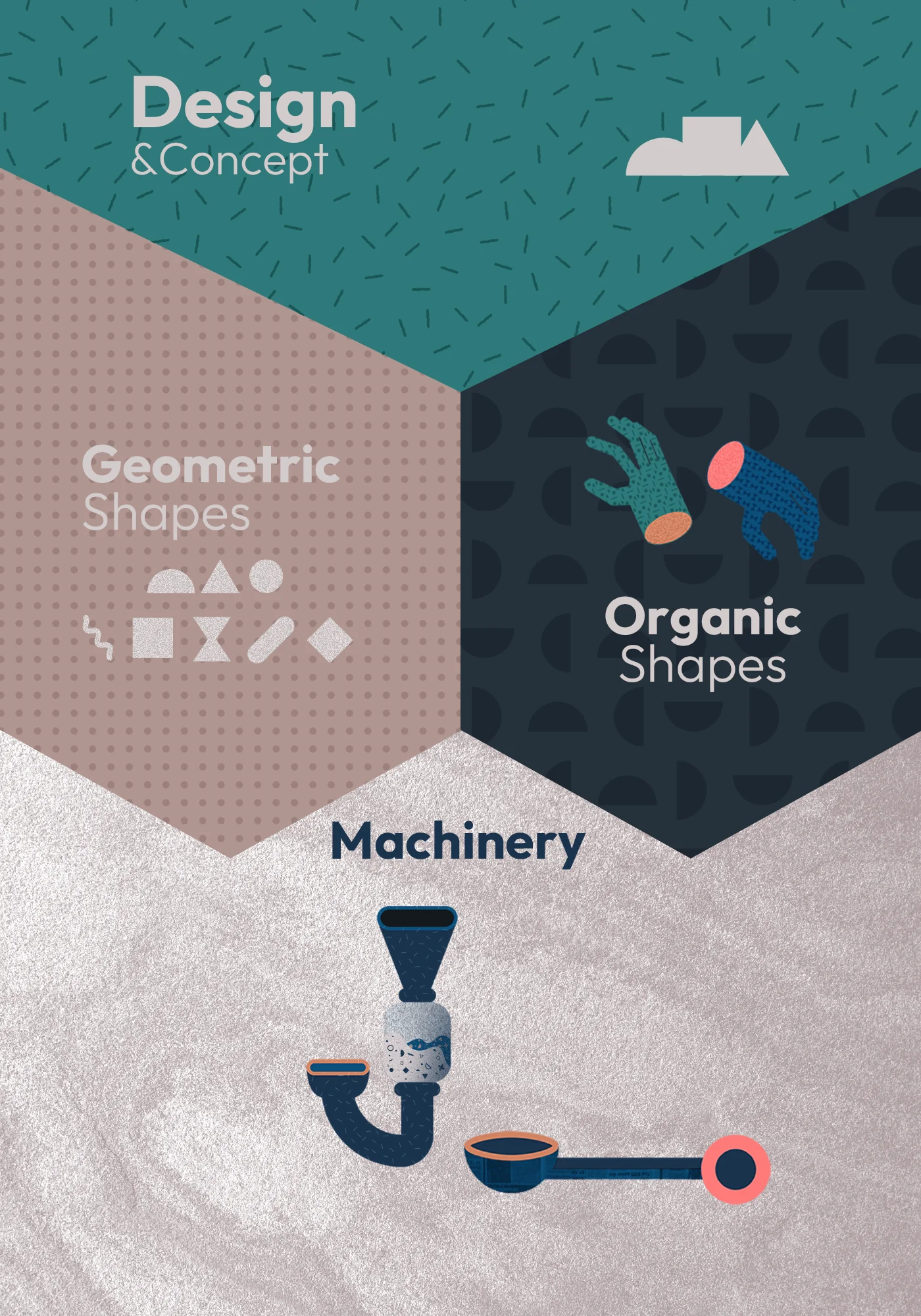 Design concept, geometric and organic shapes, and machinery