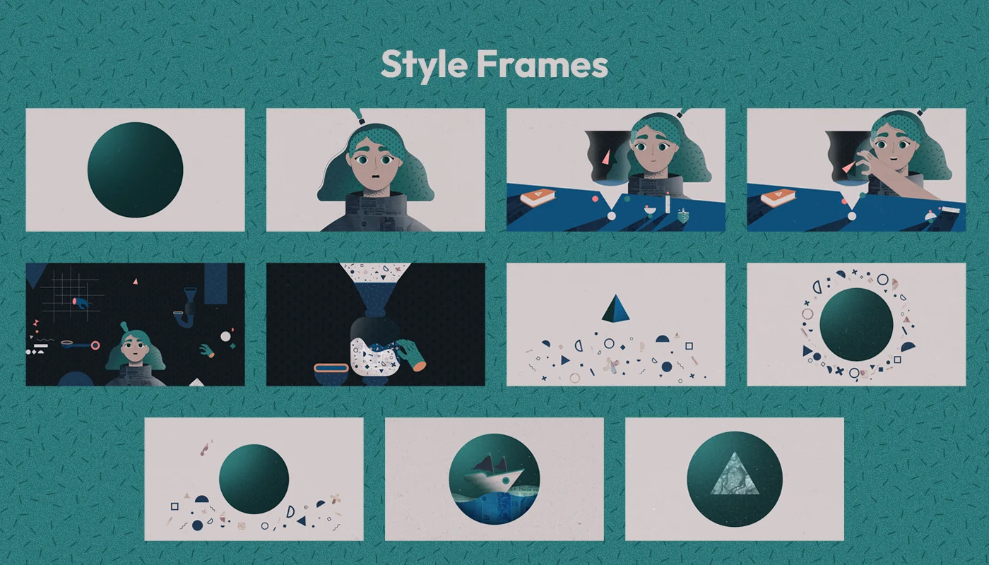 Styleframes showing the sketches in final colors