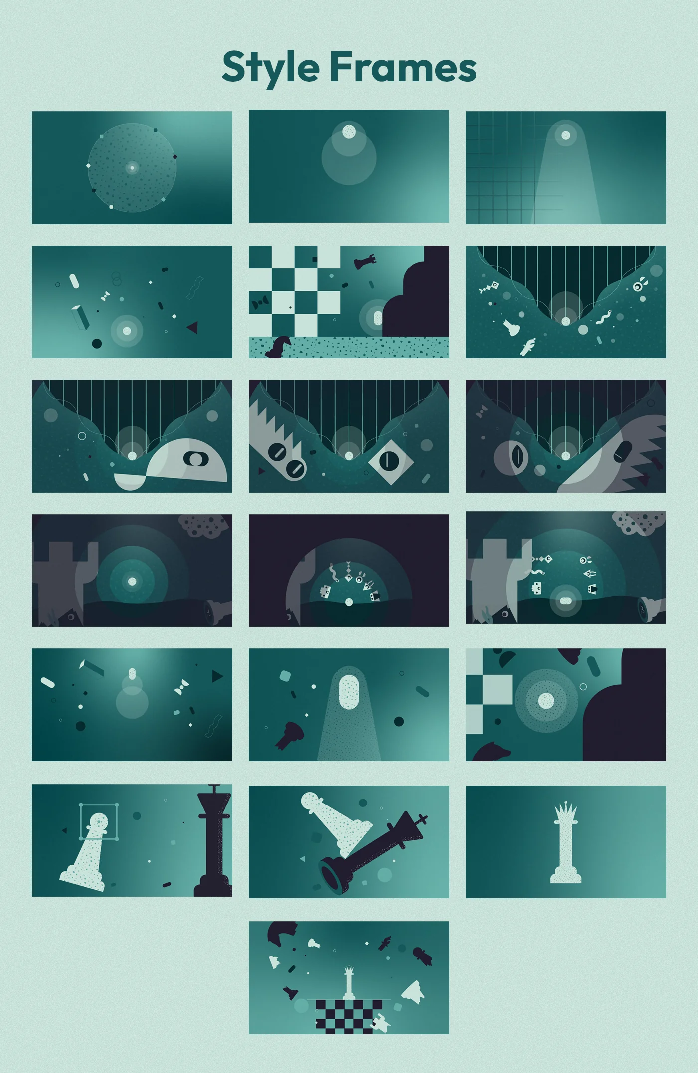 Styleframes showing the storyboard sketches in colors